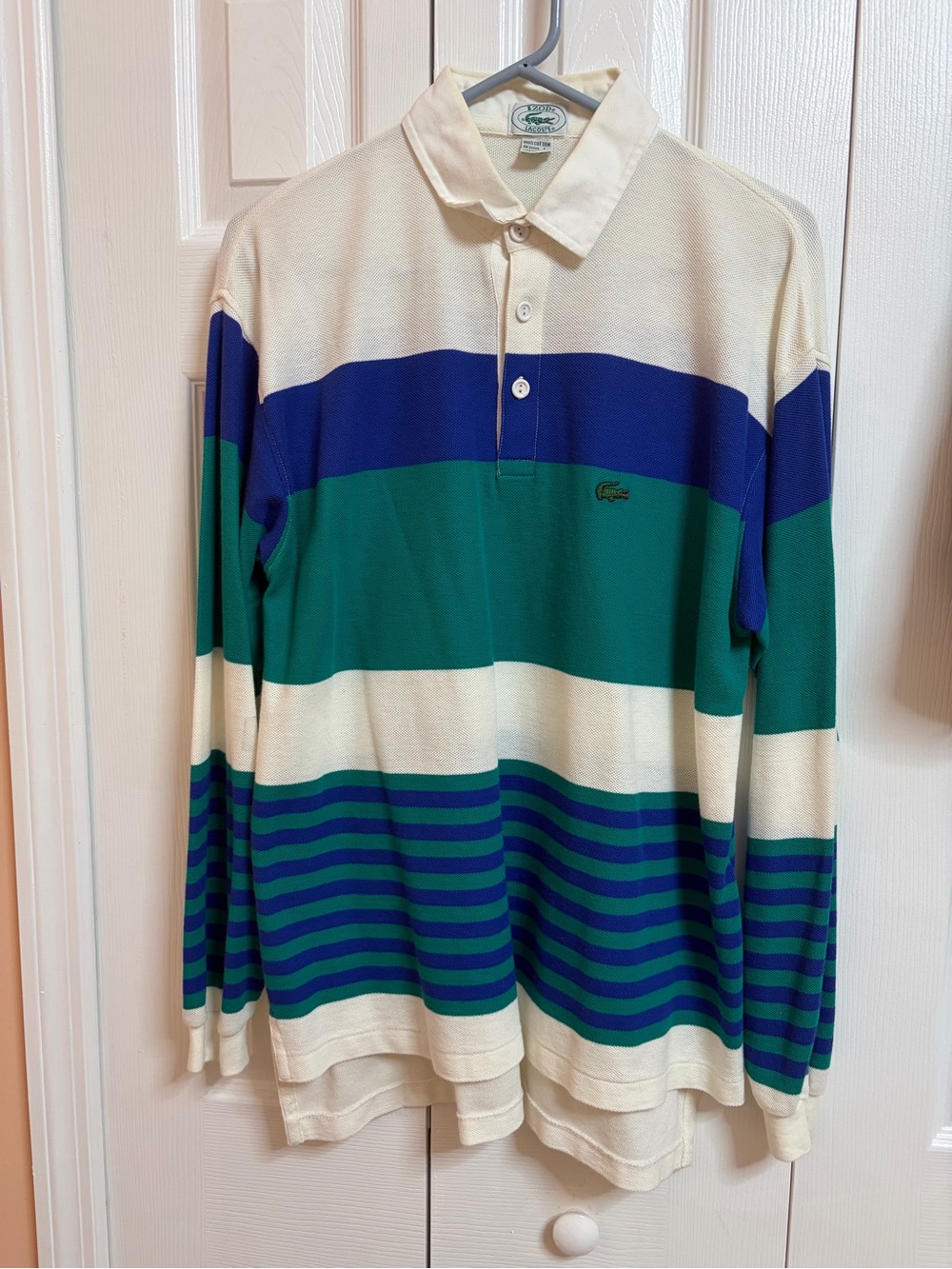 Izod - Lacoste, Long-Sleeve Striped Rugby Polo - Cream, Green & Blue
